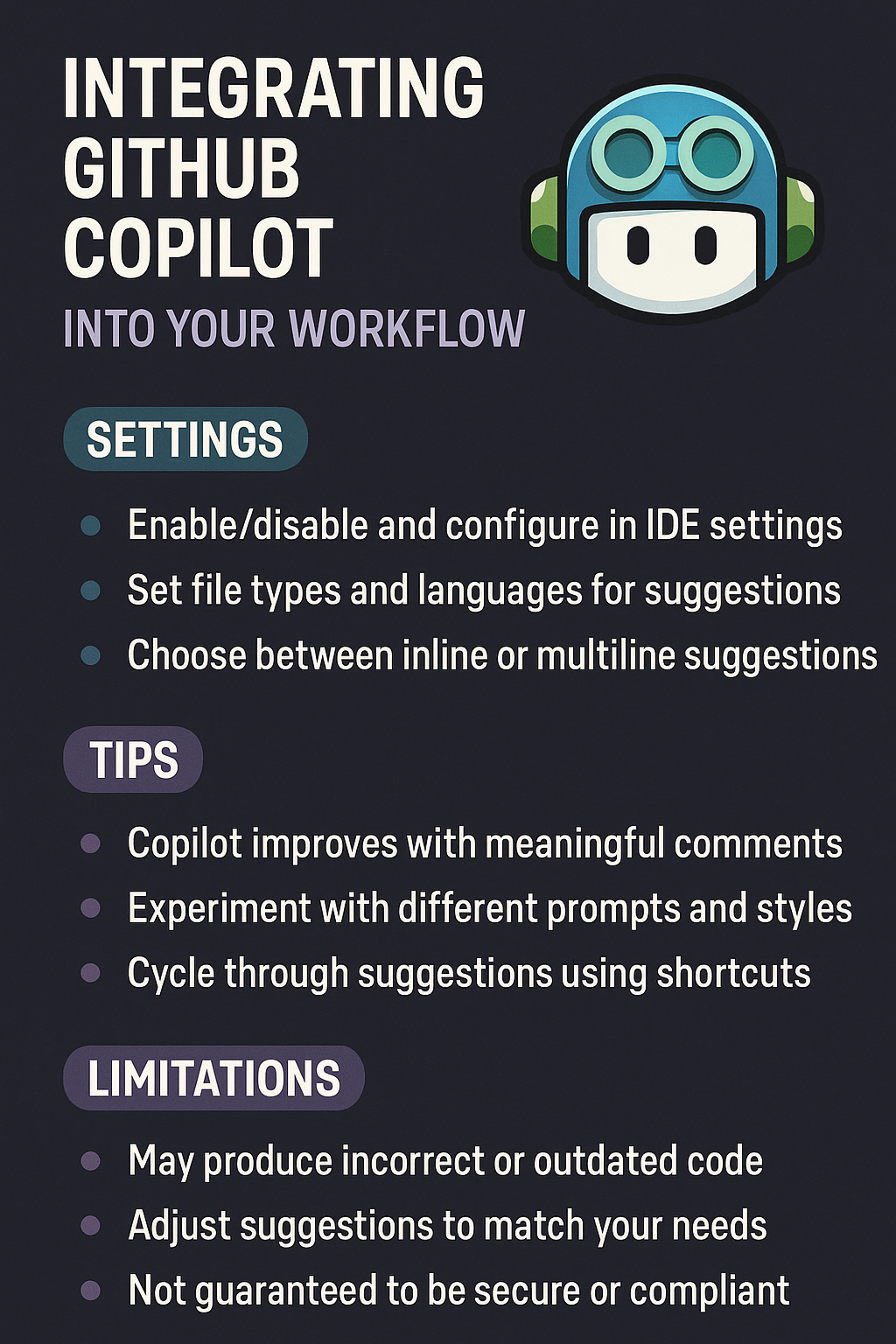 Integrating GitHub Copilot into Your Workflow Settings, Tips and Limitations