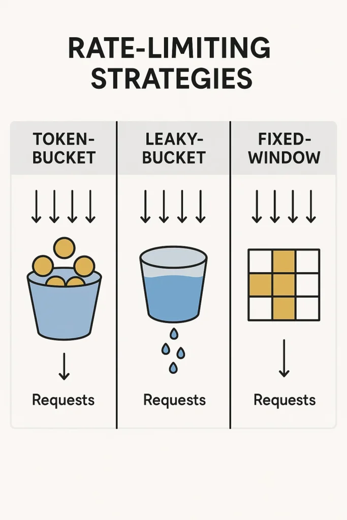 Rate‑Limiting Strategies: token‑bucket vs leaky‑bucket vs fixed‑window.